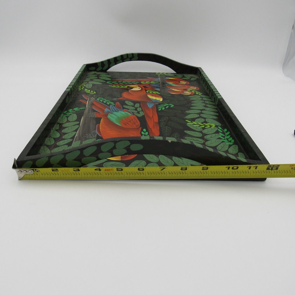 Vtg Parrot Macaw Folk Art Wood Serving Tray Hand Painted Tropical Tiki Signed - Picture 8 of 8
